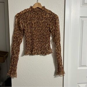 Free People Womens XS Sheer Leopard Top long sleeve animal Print Mesh